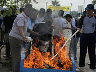Para pejabat Pemkab Kukar memusnahkan narkoba dengan cara dibakar