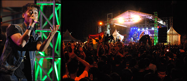 Penampilan vokalis Hijau Daun, Dide (kiri) dan suasana konser Hijau Daun pada penutupan Kukar Fair 2013 di kompleks Stadion Rondong Demang, Tenggarong, Minggu (27/10) malam
