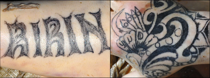 Tato bertuliskan nama RIRIN di lengan kiri serta tato abstrak bertuliskan YUDI RIRIN di tangan kanan menjadi ciri yang dimiliki mayat perempuan tak dikenal ini
