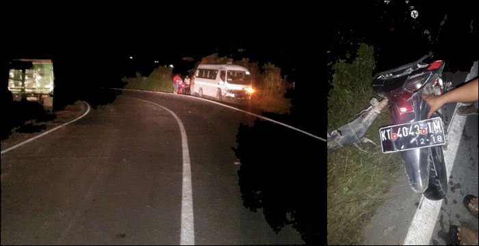 Kondisi jalan menikung yang menjadi TKP lakalantas antara pengendara sepeda motor dengan sebuah minibus pada malam Minggu lalu di Jalan Soekarno-Hatta, Desa Batuah, Loa Janan