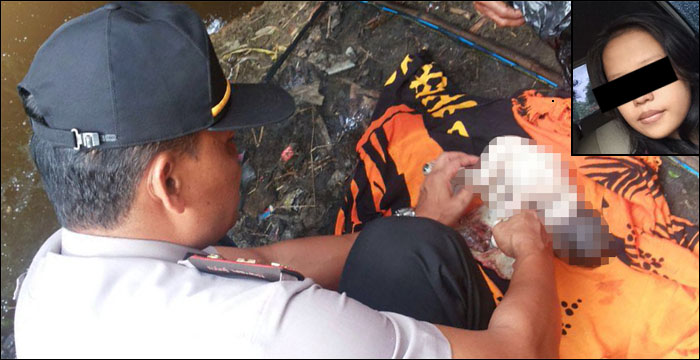 Petugas saat mengevakuasi jasad bayi laki-laki yang dibuang ke anak sungai Mahakam oleh seorang remaja putri berusia 15 tahun (inset) 