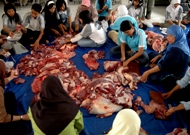 Para siswa putri bersama guru memotong daging menjadi bagian-bagian kecil