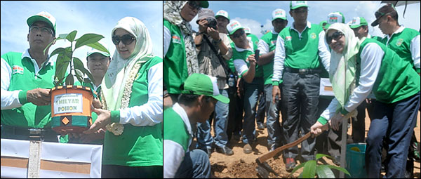 Kepala Disbunhut Kukar H Marli menerima bibit pohon manggis dari Bupati Rita Widyasari. Kanan: Bupati Rita Widyasari saat menanam salah satu bibiyt pohon