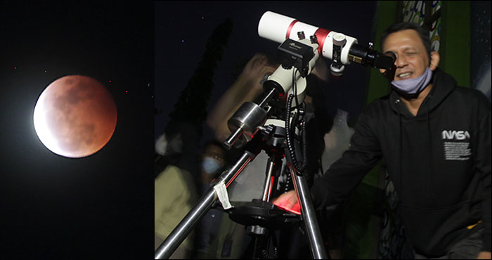 Pembina KOMPAS Wedy Handoko mengamati fenomena Super Moon Blood dengan menggunakan teleskop digital Ioptron