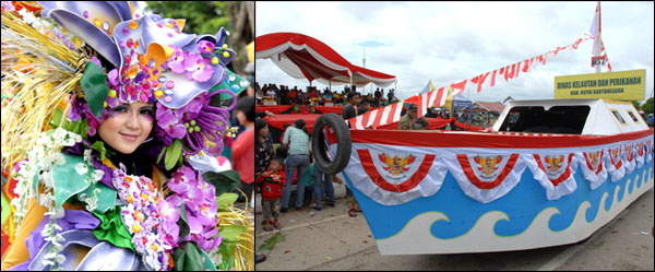 Pawai pembangunan dalam rangka menyemarakkan HUT Kemerdekaan RI ke-69 diikuti peserta berjalan kaki serta kendaraan hias