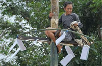 Kaum hawa pun ikut ambil bagian dalam lomba panjat pinang massal di Tenggarong  