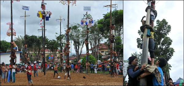 Suasana lomba panjat pinang massal dalam rangka menyambut HUT Kemerdekaan RI ke-69 di Tenggarong pada Minggu (10/08) lalu