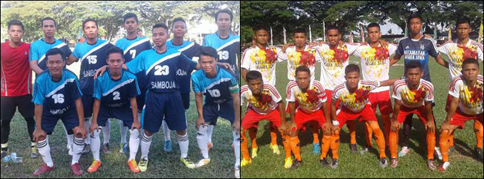 Tim Kecamatan Samboja (kiri) bermain imbang 1-1 melawan Muara Jawa (kanan) dalam laga kedua kualifikasi Grup F di Sanga-Sanga, Sabtu (28/05) sore