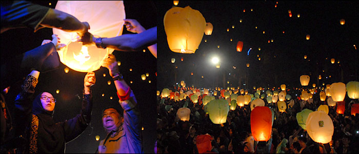 Foto kiri: Bupati Kukar Rita Widyasari saat melepaskan lampion bersama. Foto kanan: Suasana pelepasan lampion di halaman Kantor Bupati Kukar, Tenggarong