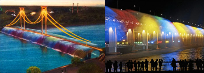 Desain jembatan Kumala (kiri) yang bakal dipercantik dengan air mancur dan cahaya warna-warni seperti jembatan Banpo di Korea Selatan (kanan)
