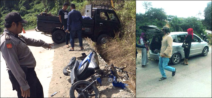 Mobil pikap L300 yang lepas kendali saat menurun terlebih dahulu menabrak mobil Honda Jazz kemudian sepeda motor yang dikendarai M Kasim