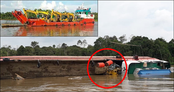 Kondisi LCT Mutiara 77 yang terbalik di Muara Kaman dengan satu unit ekskavator masih tersangkut di kapal. (Inset: Kapal LCT Mutiara 77 ketika menyusuri sungai Mahakam membawa alat berat untuk keperluan tambang)