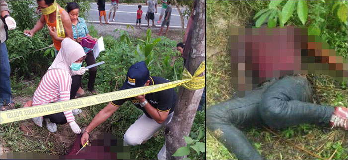 Polisi melakukan olah TKP di sekitar lokasi temuan mayat pria tanpa identitas di desa Perian, Muara Muntai, Minggu (13/03) pagi