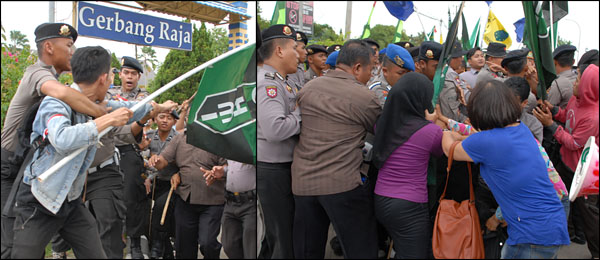 Kericuhan aksi unjuk rasa warnai pelantikan 45 Anggota DPRD Kukar periode 2014-2019 di Tenggarong, Kamis (14/08) sore kemarin