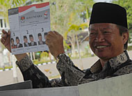Pj Bupati Kukar Sjachruddin menunjukkan surat suara sebelum dicontreng