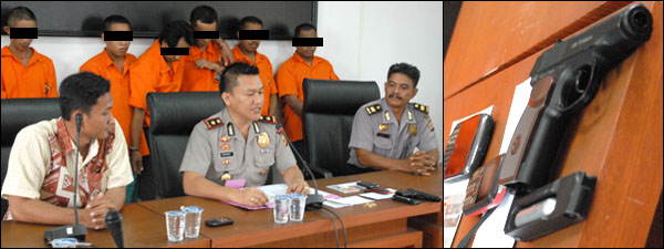 Wakapolres Kukar Kompol Winardi saat memberikan keterangan pers didampingi Kasat Reskrim AKP Andin Wisnu Sudibyo dan Kasubag Humas Iptu Yunus TP. Kanan: Barang bukti berupa pistol <i>airsoft gun</i> yang digunakan pelaku