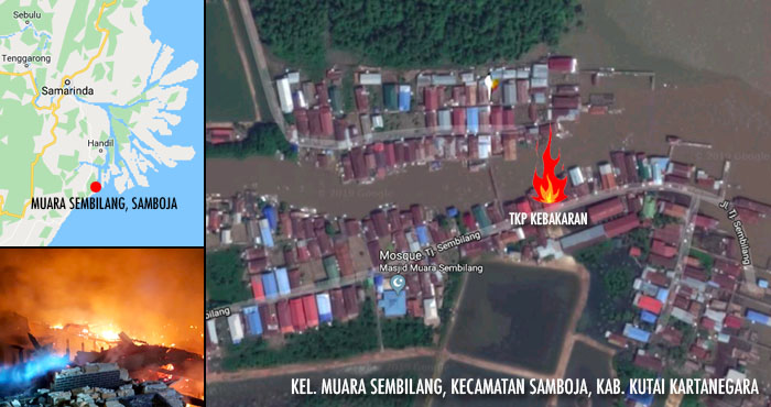 Kebakaran di Jalan Tanjung Sembilang, Kelurahan Muara Sembilang, Samboja, terjadi jelang tengah malam, Jum'at (24/05) malam sekitar jam 23.50 WITA