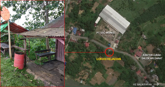 Di bawah pondok yang berada di jalan poros Balikpapan-Handil, Kelurahan Salok Api Darat, Samboja inilah 4 orang tersambar petir pada Rabu (01/05) siang