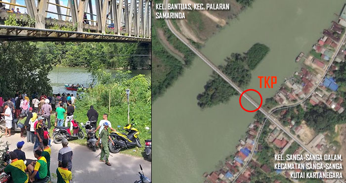 Kawasan Jembatan 27 Januari, Sanga-Sanga,dipadati warga setelah beredar kabar ada seorang pria hilang tenggelam usai terjun ke sungai