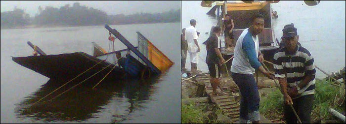 Kapal ferry tradisional yang tenggelam di perairan Sebulu ditarik ke daratan oleh warga setempat