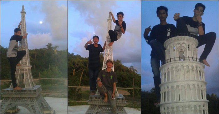 Inilah foto-foto aksi pemuda Tenggarong memanjat miniatur menara Eiffel dan menara Pisa di kawasan proyek Taman Replika Tenggarong