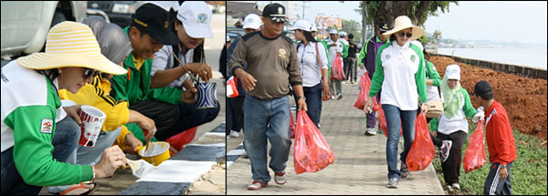 Bupati Rita WIdyasari saat mengecat trotoar (kiri) dan mencari sampah yang berserakan di tepi jalan