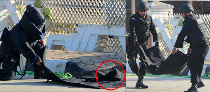 Tim Gegana Brimob Polda Kaltim saat mengamankan tas hitam yang disebut berisi bom