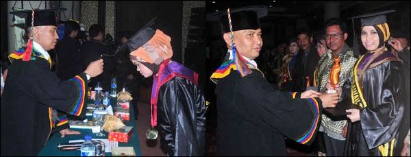 Kiri: Rektor Unikarta Dr Sabran SE MSi saat mewisuda para sarjana Unikarta. Kanan: Rektor Unikarta menyerahkan trofi kepada wisudawan terbaik Unikarta tahun akademik 2013-2014