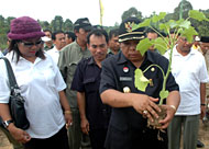 Wabup H Samsuri Aspar didampingi Camat Muara Badak Hj Rusmina (kiri) bersiap melakukan penanaman perdana bibit Jarak